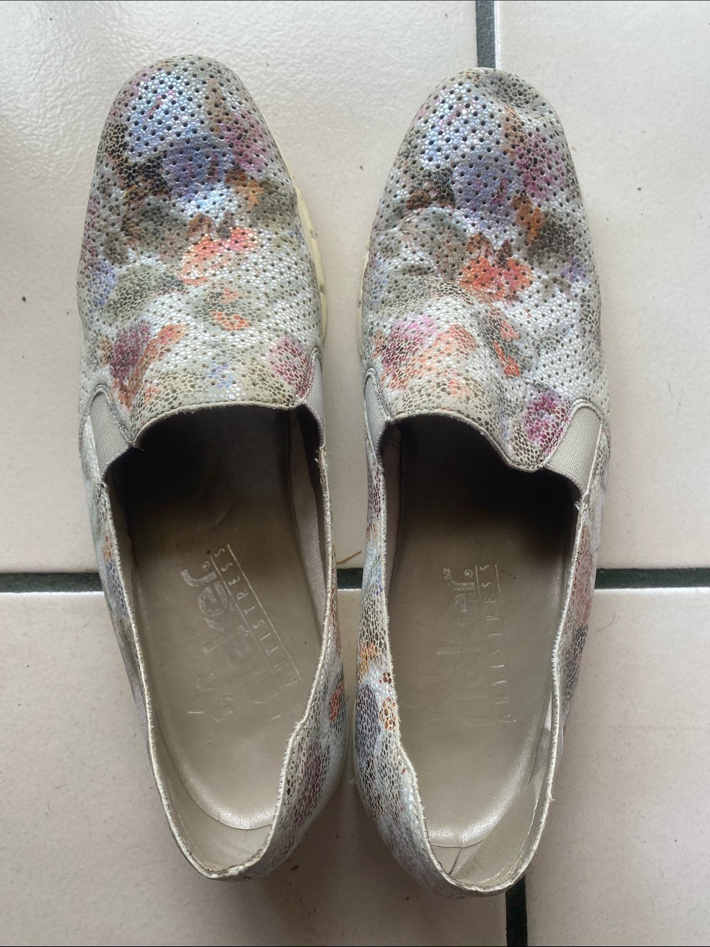 Rieker Antistress Slip-On Floral Perforated Leather Women's Shoes - Silver Multi